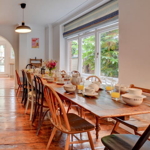 Share meals with family and friends at the long dining table
