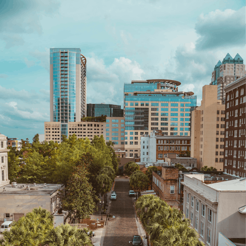 Explore Downtown Orlando, a twenty-minute drive away