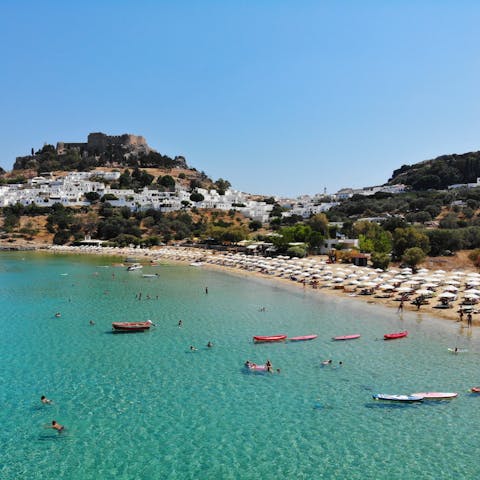 Drop your bags and head to the Lindos beach, only minutes away