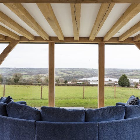 Sink into the comfy sofa and enjoy the view of the lake