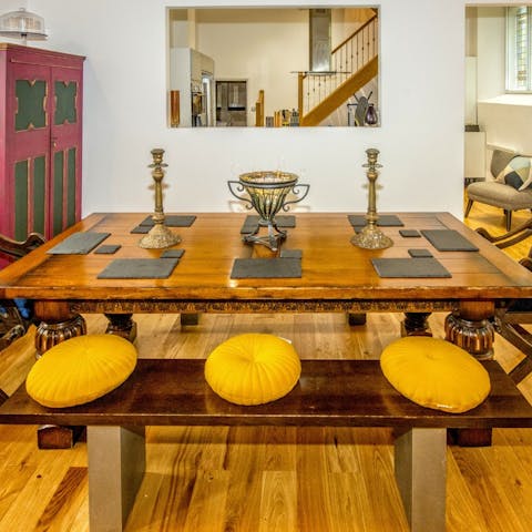 Gather for home-cooked meals at the antique dining table