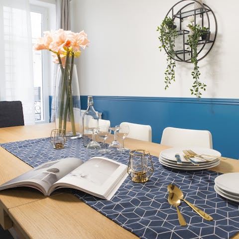 Practice your French-style cooking and serve up a delicious home-cooked meal at the stylish dining table