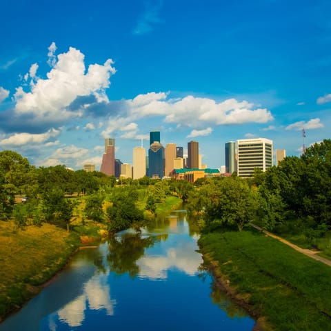 Rent a kayak and drift along the river in Buffalo Bayou Park, a twenty-minute walk away