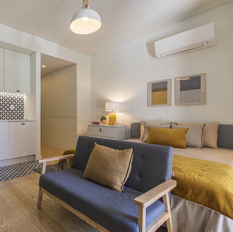 Get cosy in your studio apartment – perfect for a couple or a solo traveller 