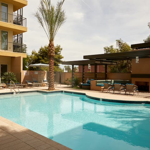 Splash about in the communal pool and dry off on one of the loungers