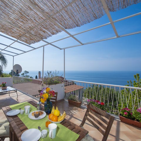 Enjoy dinner with unobstructed views of the Tyrrhenian Sea from your private terrace