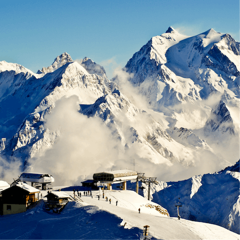 Explore 370 miles of marked runs that make up the Les Trois Vallées – the largest linked ski area in the world