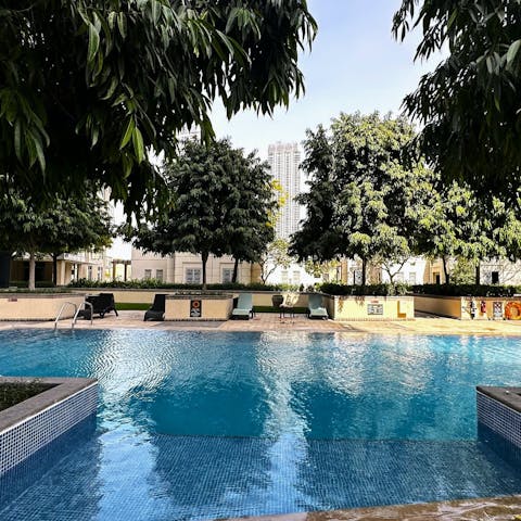 Swim in the communal pool to cool off in the Dubai heat