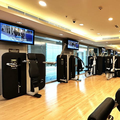 Stay on top of your fitness routine with a workout in the on-site gym