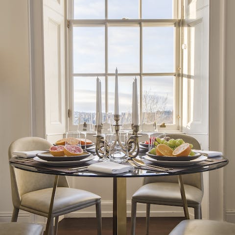 Gather for a family meal, play a board game or work from home at the table in front of the window