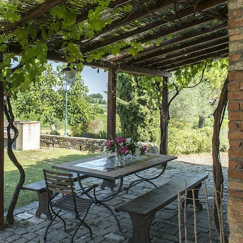 Retreat to the shady pergola for a moment of calm