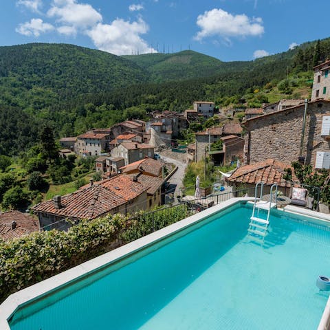 Admire the view from the above-ground swimming pool