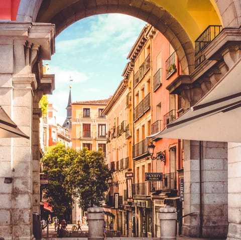 Stroll around bustling Plaza Mayor, a ten-minute stroll from your door