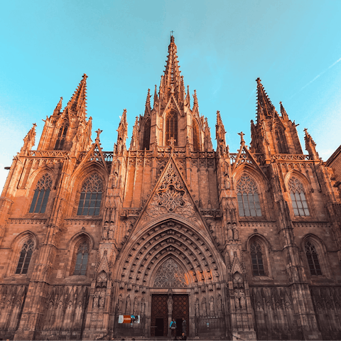 Explore Barcelona's Gothic Quarter, an eighteen-minute walk away