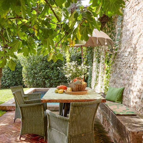 Enjoy an alfresco meal shaded by citrus trees
