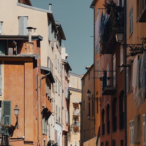 Explore the narrow, winding streets of Nice's old town, a twenty-five minute walk away