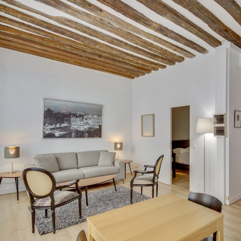 Unwind in the living area after shopping around Montorgueil
