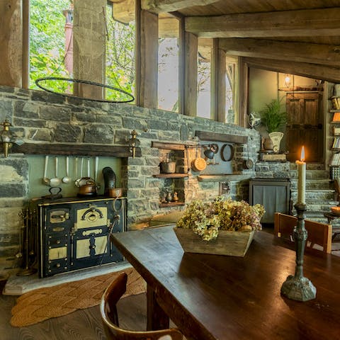 Cook dinner on the antique stove, followed by a candlelit dinner at the table