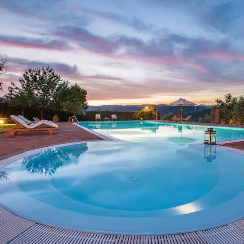 Sink into the hydromassage pool for a soak under the stars