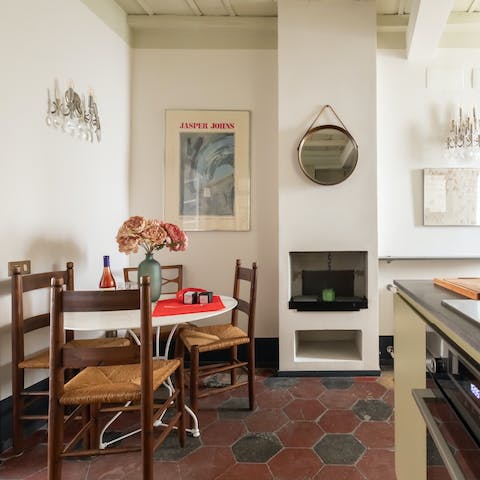 Practice pasta-making skills in the open kitchen and dining space