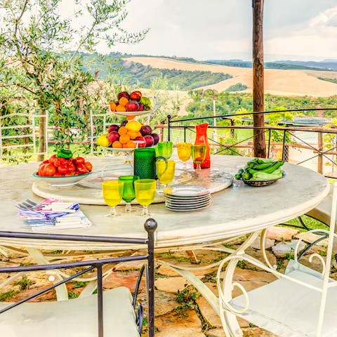 Eat outside on the shaded terrace