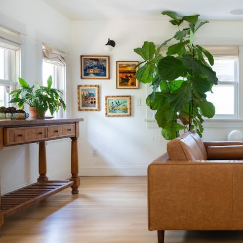 Admire the host's collection of art and plants