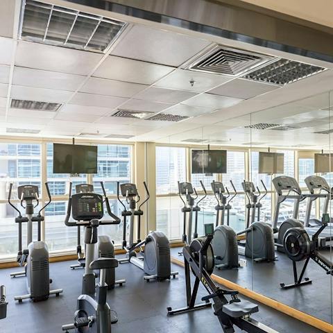 Hop on an exercise bike in the on-site gym to keep up your fitness routine