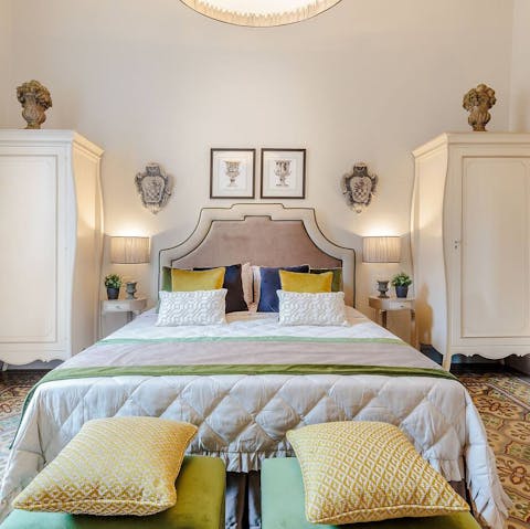 Enjoy a luxurious night's sleep in the ornate bedrooms