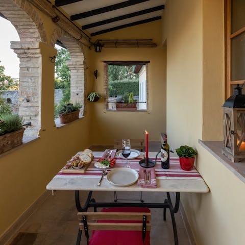 Enjoy a romantic dinner on the terrace overlooking the church