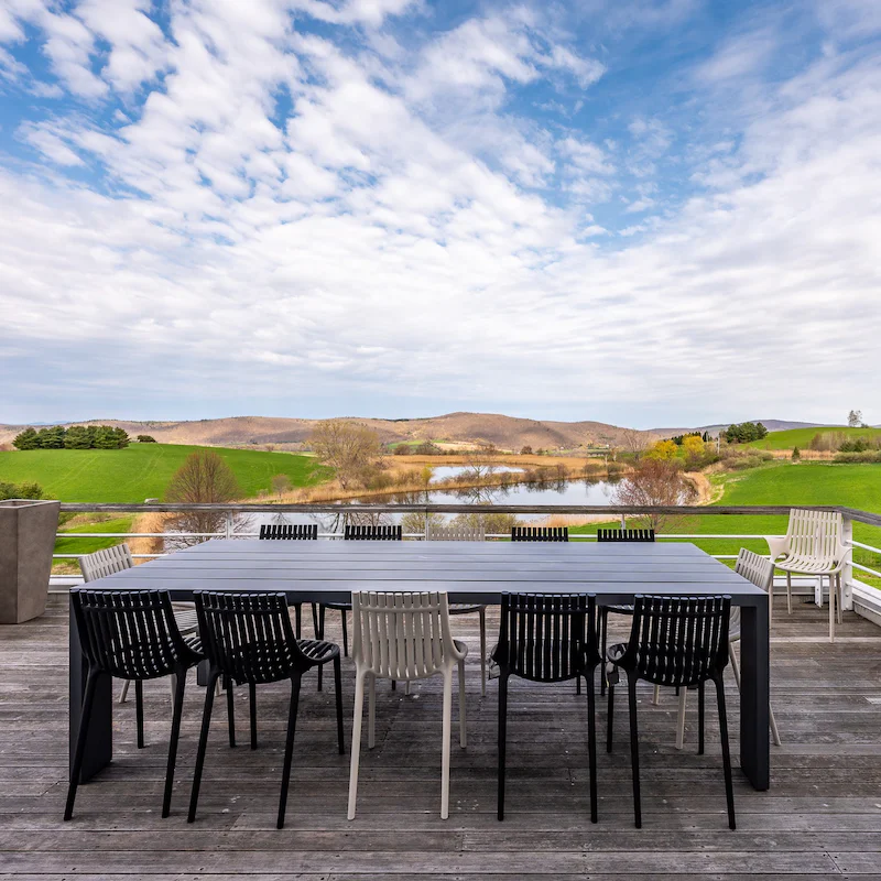 Dine alfresco while watching the sun set over the private ponds