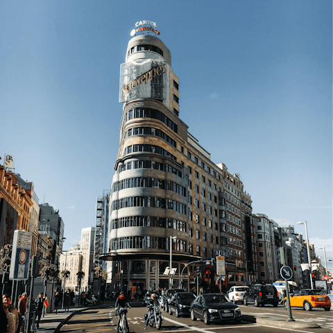 Take an eight-minute stroll to the bustling epicentre, Gran Vía