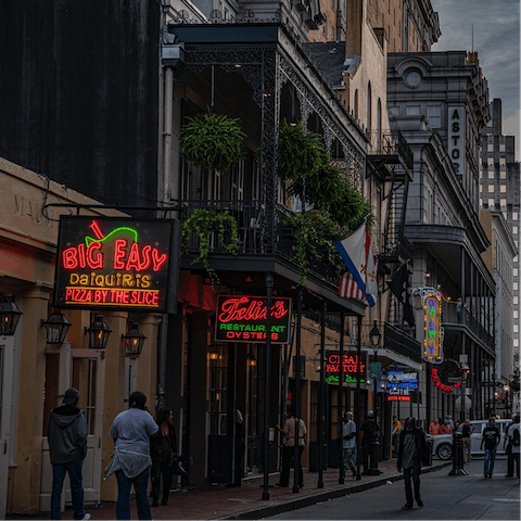 Stay within a stroll from the jazz clubs, Cajun eateries and cocktail bars of the French Quarter