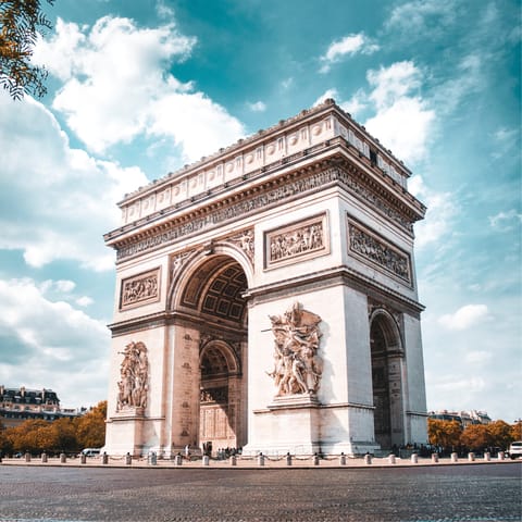 Visit the famous Arc de Triomphe, a thirteen-minute Metro ride away or thirty minutes away on foot