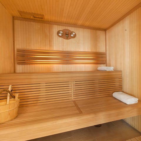 Start the day with an invigorating spell in the sauna that your complexion will thank you for