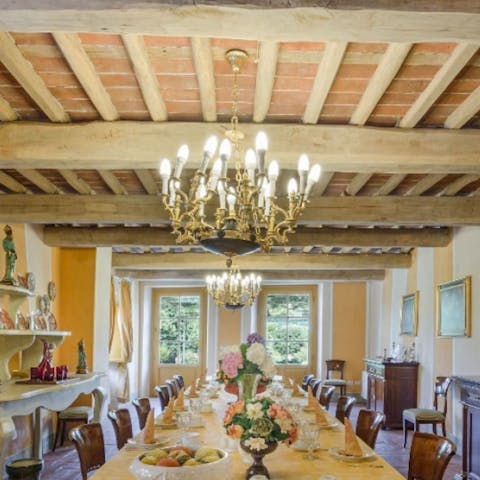 Gather for big family dinners in the huge dining room inside