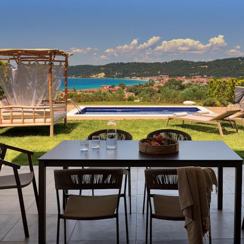 Dine alfresco or swim in the private pool as you soak up the sea views