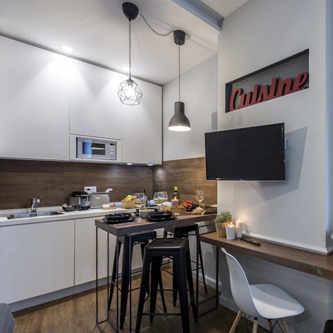 Start mornings with fresh coffee and pastries in the sleek kitchenette before heading out to see the sights