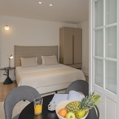 Awake refreshed in the comfortable bed, before opening up the French doors to enjoy breakfast by the Juliet balcony