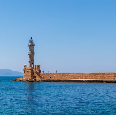 Take a trip along the coast road and visit Chania city, where historic sights await