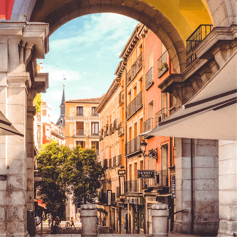 Marvel at the Plaza Mayor, an eight minute walk away