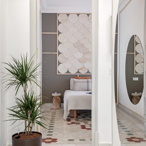 Fall in love with the warm design and traditional features, like the floral tile floor