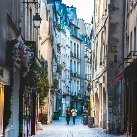 Explore the vibrant Marais district, a twelve-minute stroll from your door