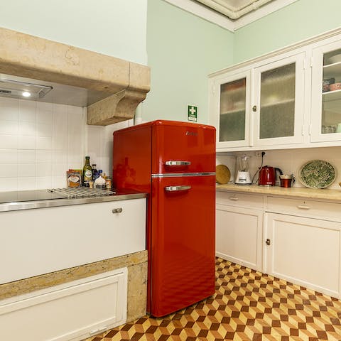 Chill your drinks in the bright red fridge