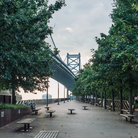 Take a stroll along the Delaware River and cross over to Camden along the Ben Franklin Bridge Pedestrian Walkway