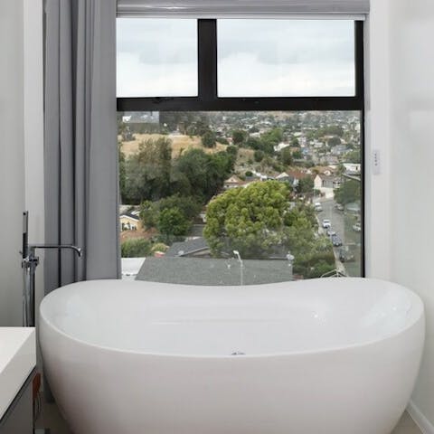 Soak in the impressive standalone tub