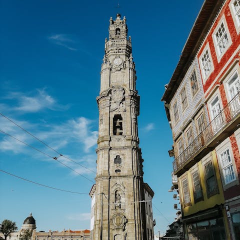 Gaze up at the Clérigos Tower, a six-minute walk away