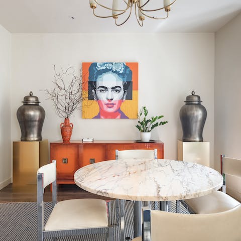 Admire the home's artistic touches and stylish furniture