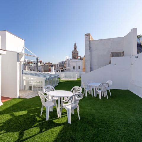 Head up to the communal terrace each evening for a drink with city views
