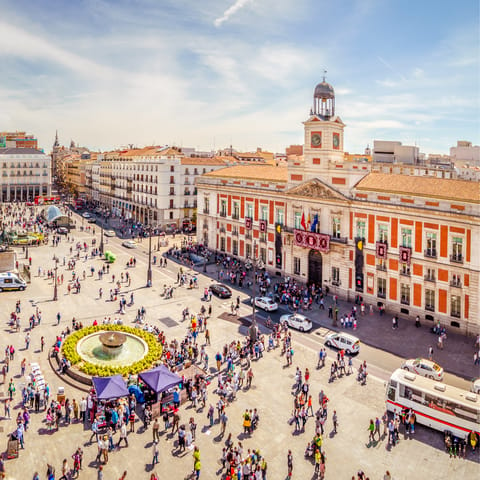 Stay just a five-minute walk away from the famous Puerta del Sol