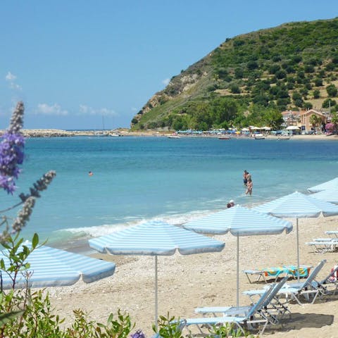 Spend an afternoon at Katelios Beach, just a five-minute walk away